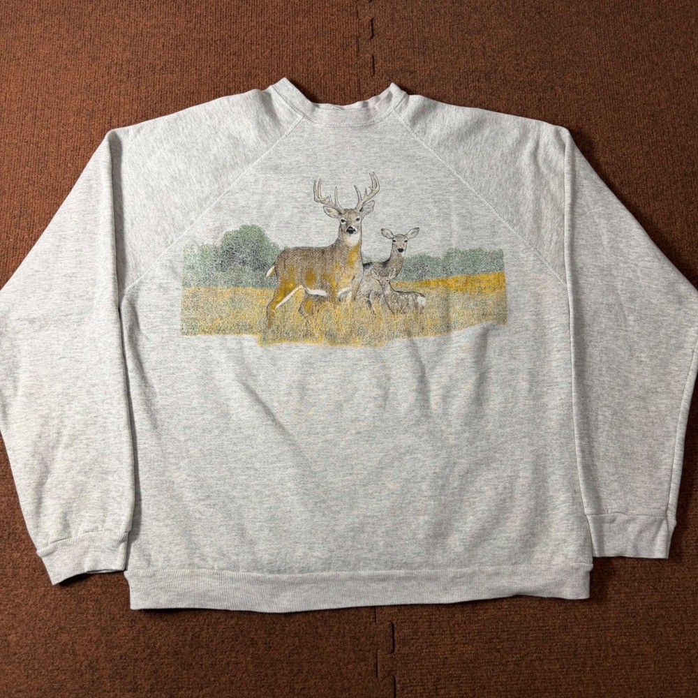 Vintage Tultex Maximum Sweats Deer Graphic Crewneck Grey XL Made in USA 1122
